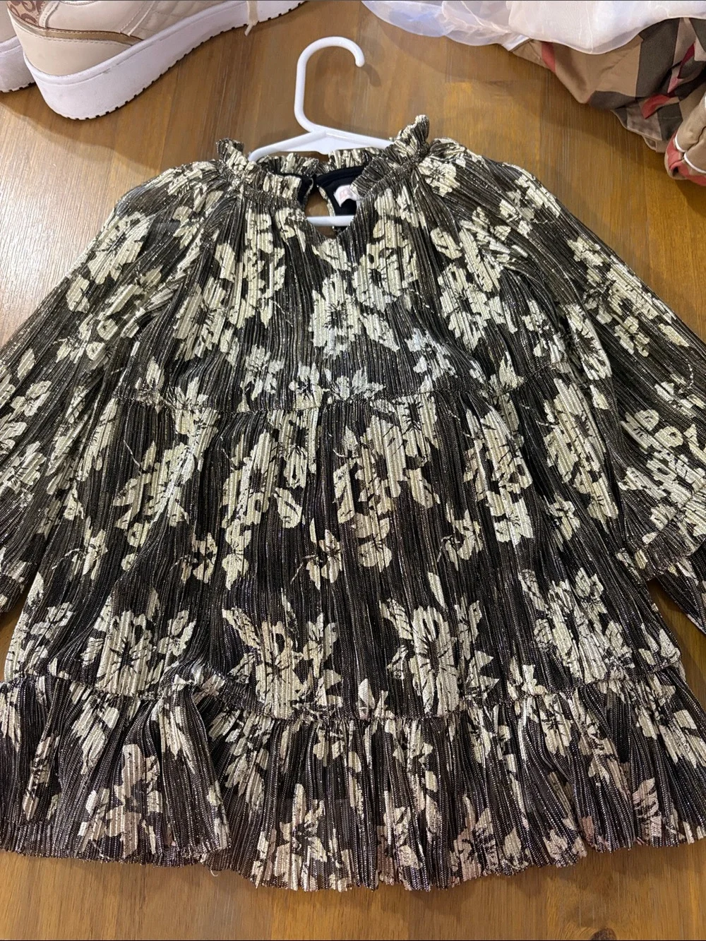 GB girls Black Dress with Cream Floral Pleat Detail